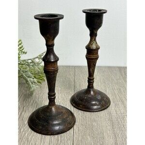 Set Of 2 Vintage Metal Candle Holders India Patina Rustic For Taper Candles 6”